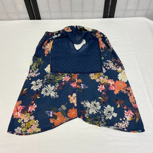 Daniel Rainn V Neck Sheer Keyhole Back Dot & Floral Top Navy Orange S Sleeveless - Picture 10 of 14